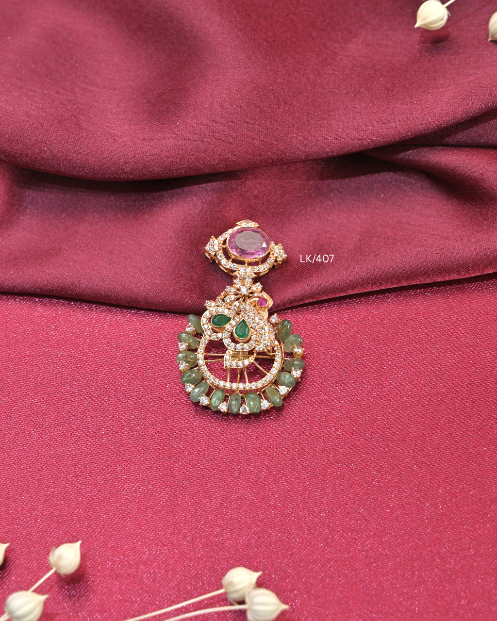Antique Oval Cambodia Ruby Bale & Peacock Pendant with Emerald Drops | SKU: LK/407