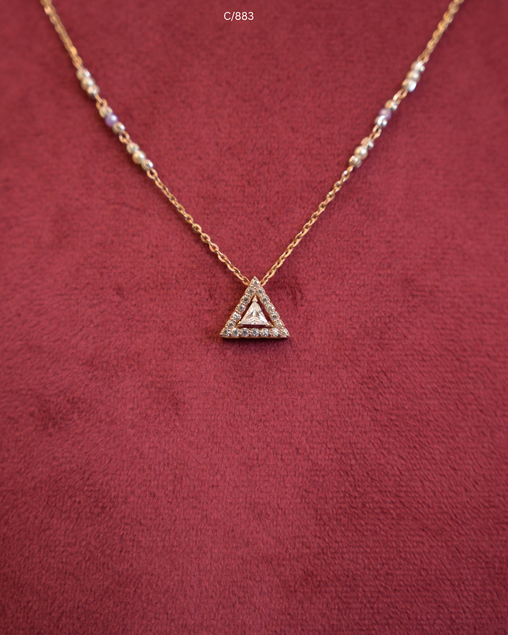 Gold Pastel Beaded Station Necklace with Triangular Pave CZ Halo Pendant | SKU: C/883