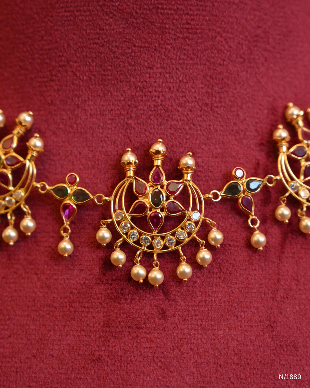 Crescent Chandbali & Floral Cluster Station Choker Necklace | SKU: N/1889