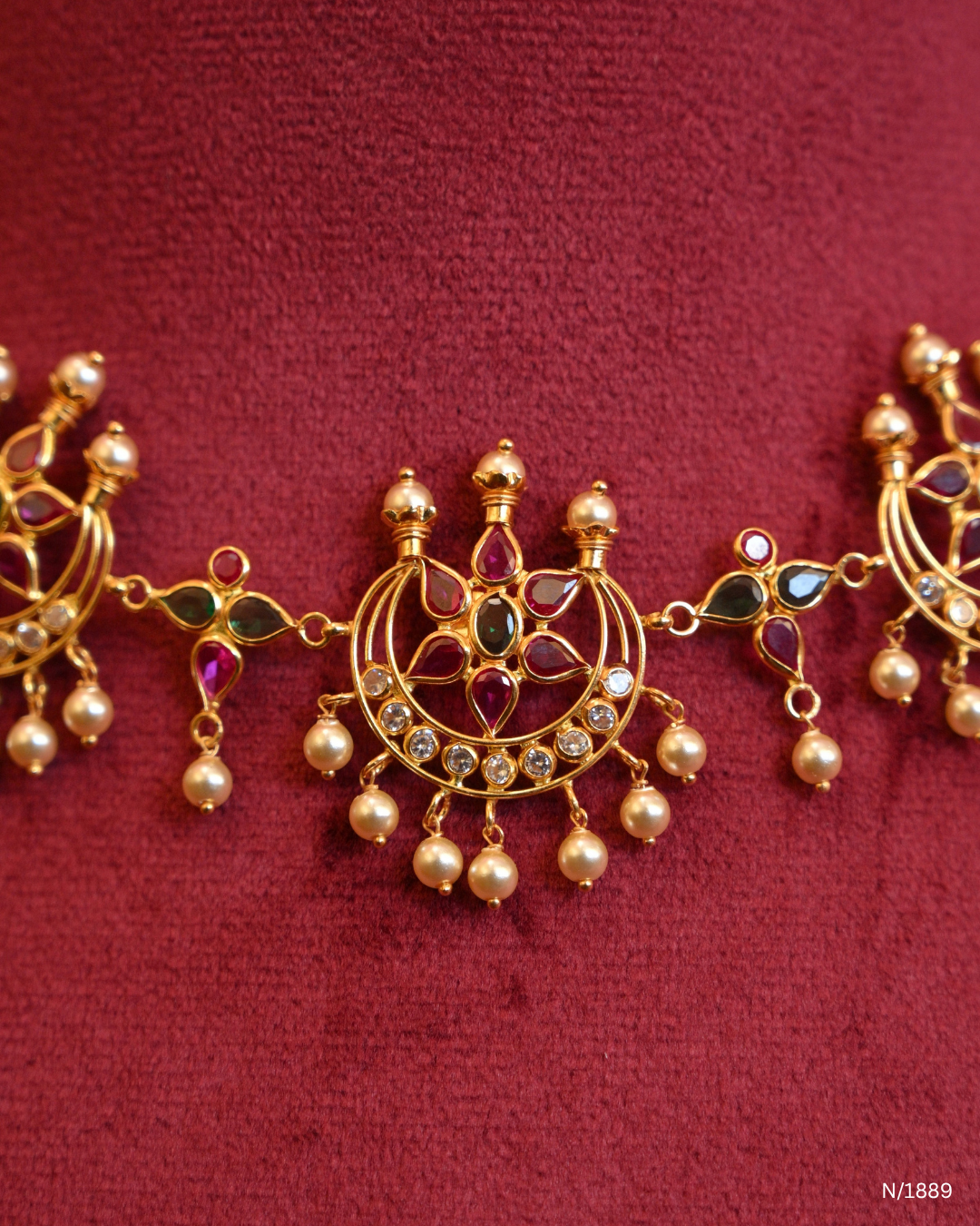 Crescent Chandbali & Floral Cluster Station Choker Necklace | SKU: N/1889