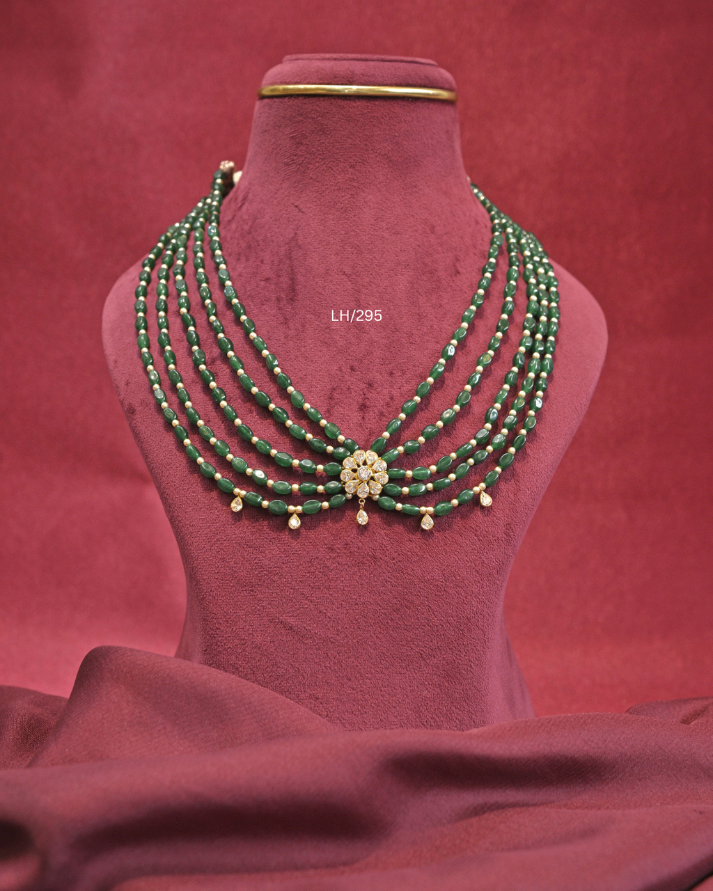 Floral CZ Motif Five-Strand Emerald Oval Bead Layered Haram | SKU: LH/295