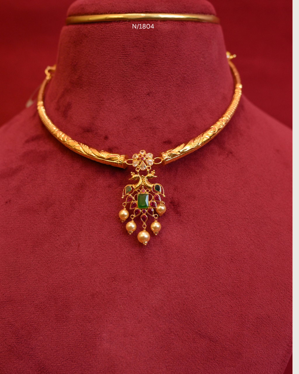 Twin Peacock Pendant Tubular Hasli Necklace with Emerald Centerpiece, Rubies, CZ & Pearl Drops | SKU: N/1804