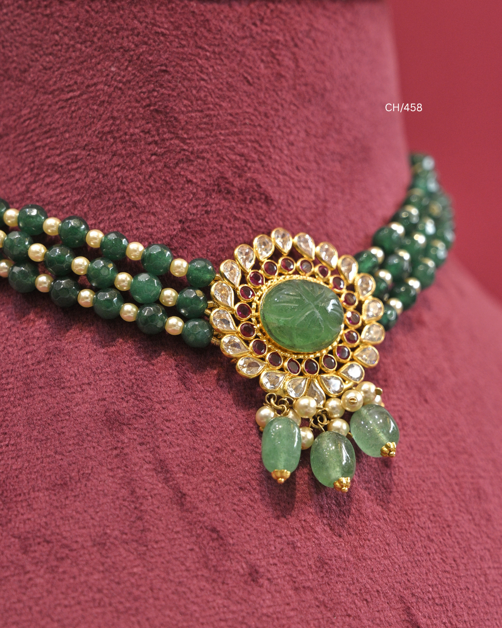 Carved Emerald Sunburst Medallion Multi-Strand Emerald Bead Choker |SKU: CH/458