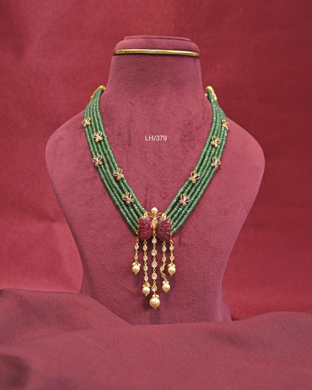 Carved Ruby Butterfly Pendant Five-Strand Emerald Bead Haram | SKU: LH/379
