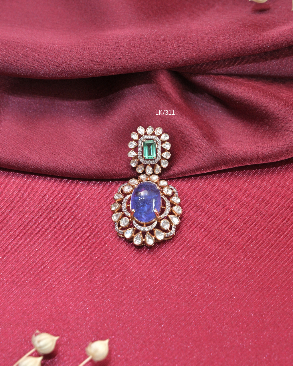 Oval Tanzanite & Square Emerald Dual Halo Pendant |SKU: LK/311