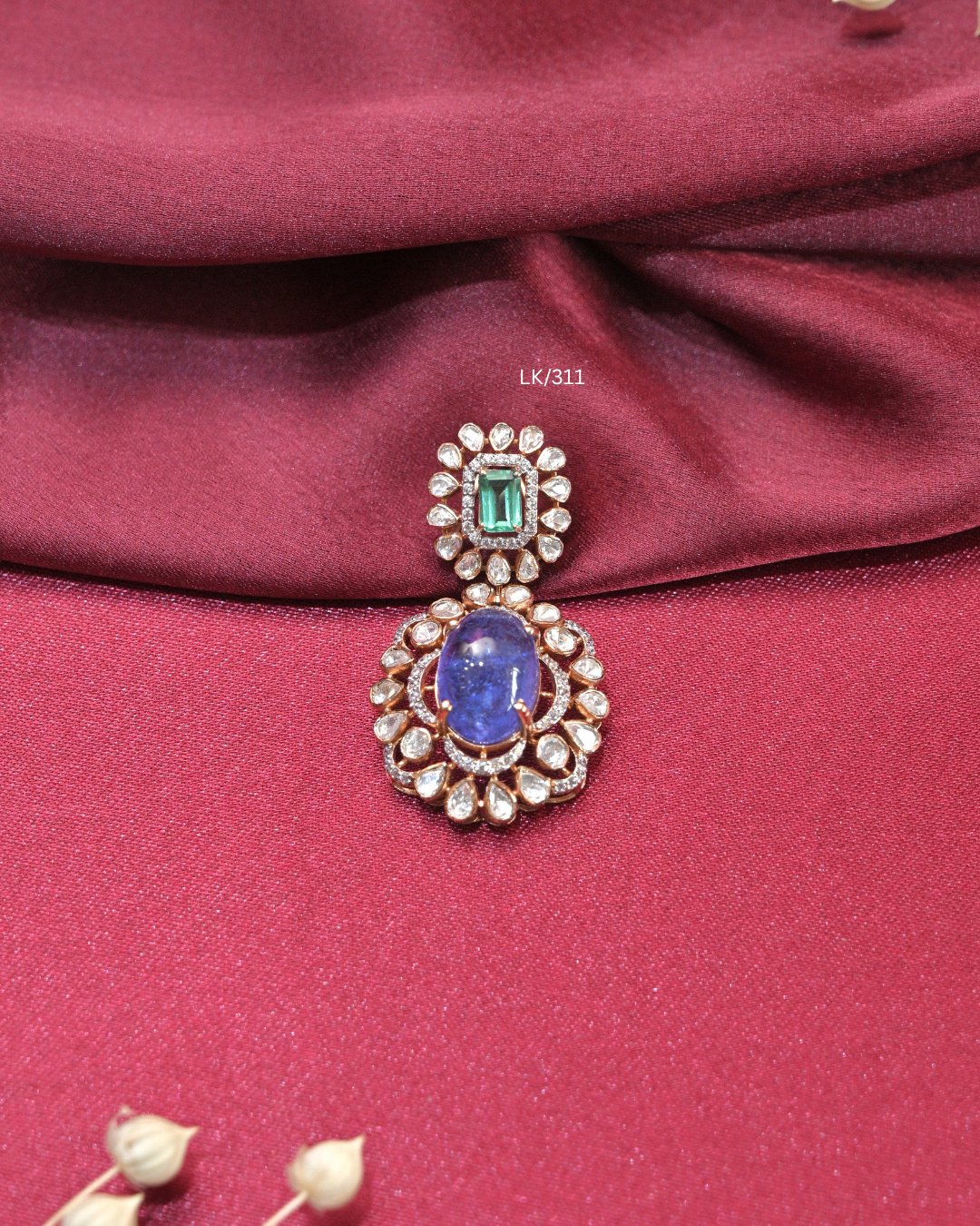 Oval Tanzanite & Square Emerald Dual Halo Pendant |SKU: LK/311