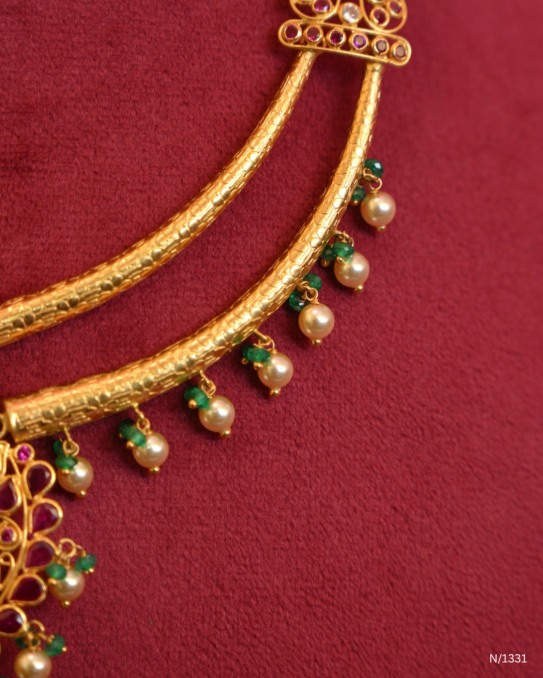 Lakshmi Temple Motif Kanti with Rubies, Emeralds & Pearl Fringes | SKU: N/1331