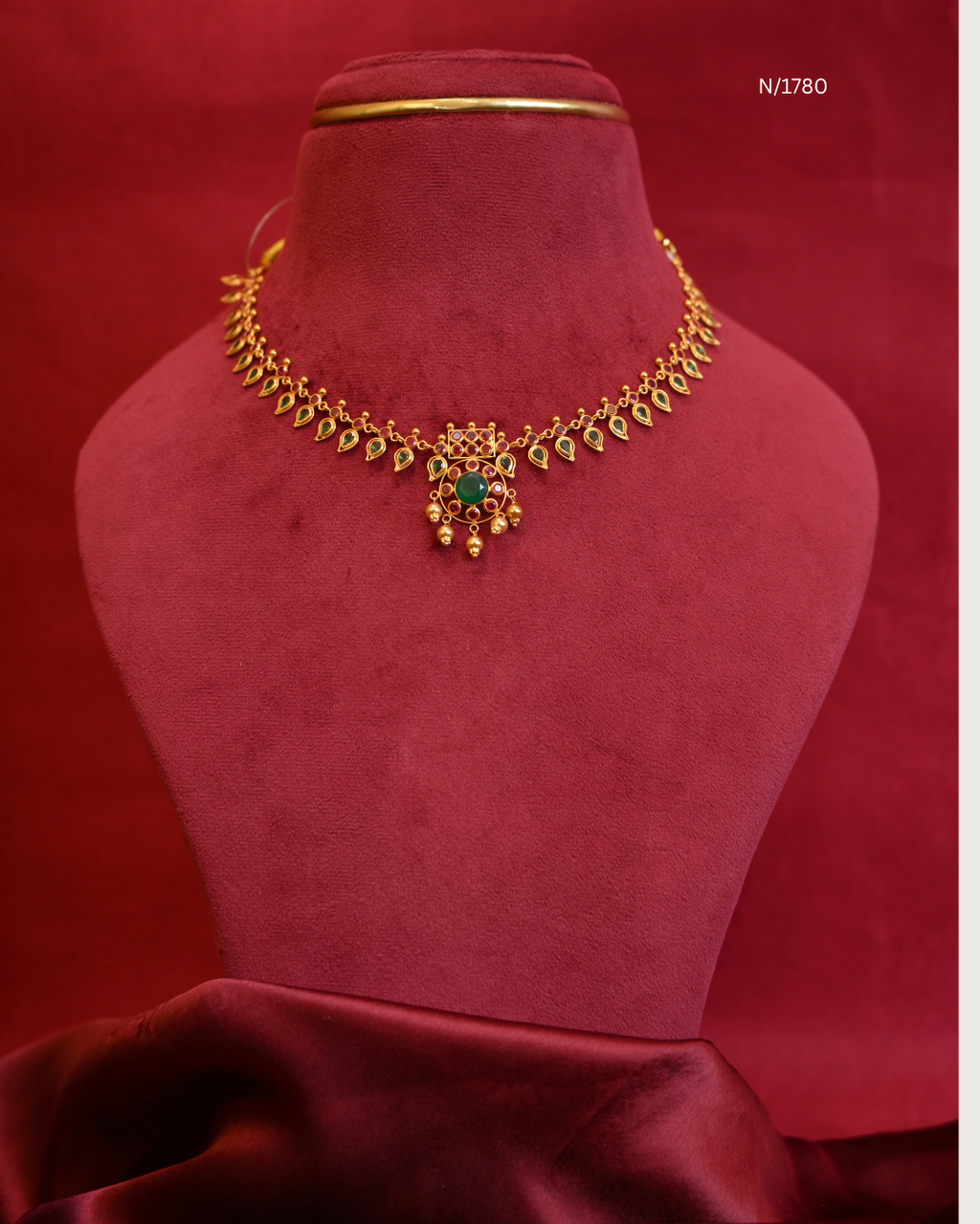 Traditional Mango Mala (Manga Malai) Necklace with Circular Emerald & Ruby Pendant | SKU: N/1780