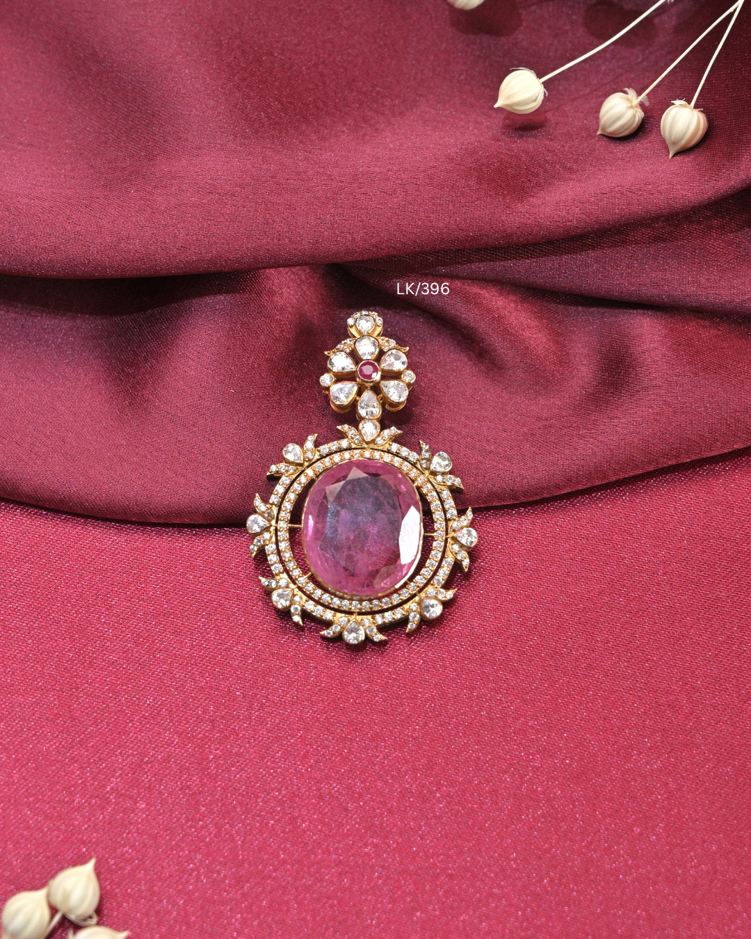 Grand Oval Cambodia Ruby & Moissanite Dual Halo Pendant | SKU: LK/396