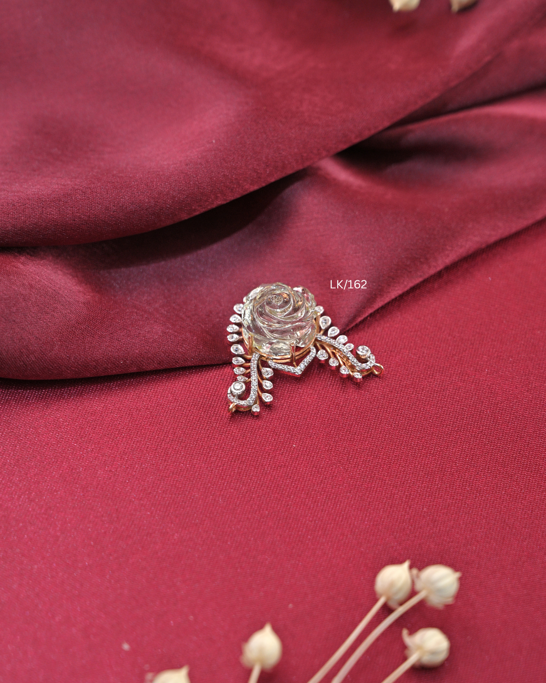 Carved Clear Quartz Rose & CZ Filigree Scroll Pendant | SKU: LK/162