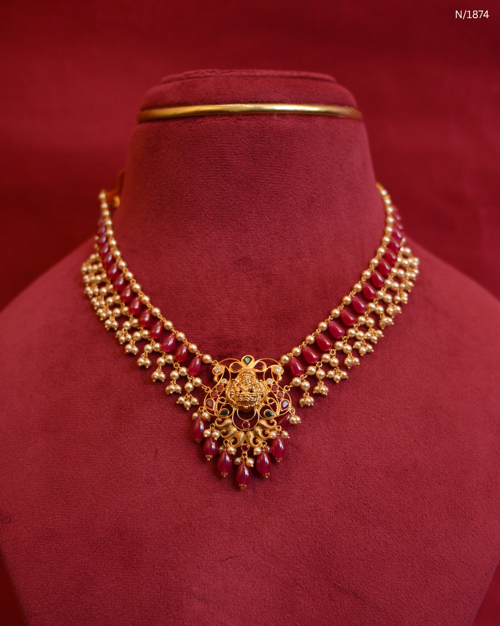 Traditional Goddess Lakshmi Temple Choker with Ruby Beads & Pearl Clusters | SKU: N/1874