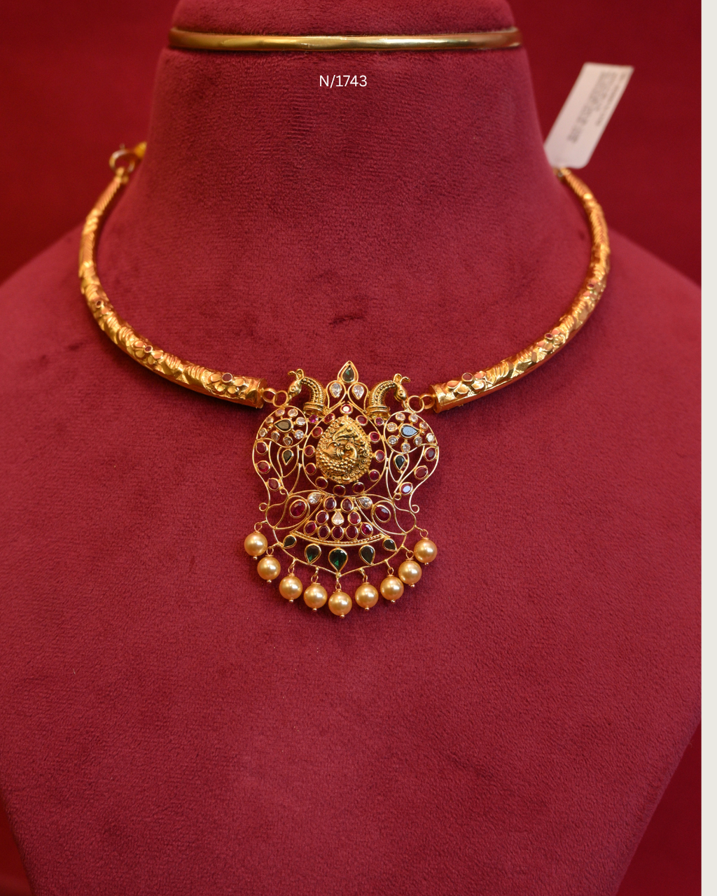 Twin Peacock Nakshi Medallion Pendant Tubular Hasli Necklace with Rubies, Emeralds, CZ & Pearl Drops | SKU: N/1743