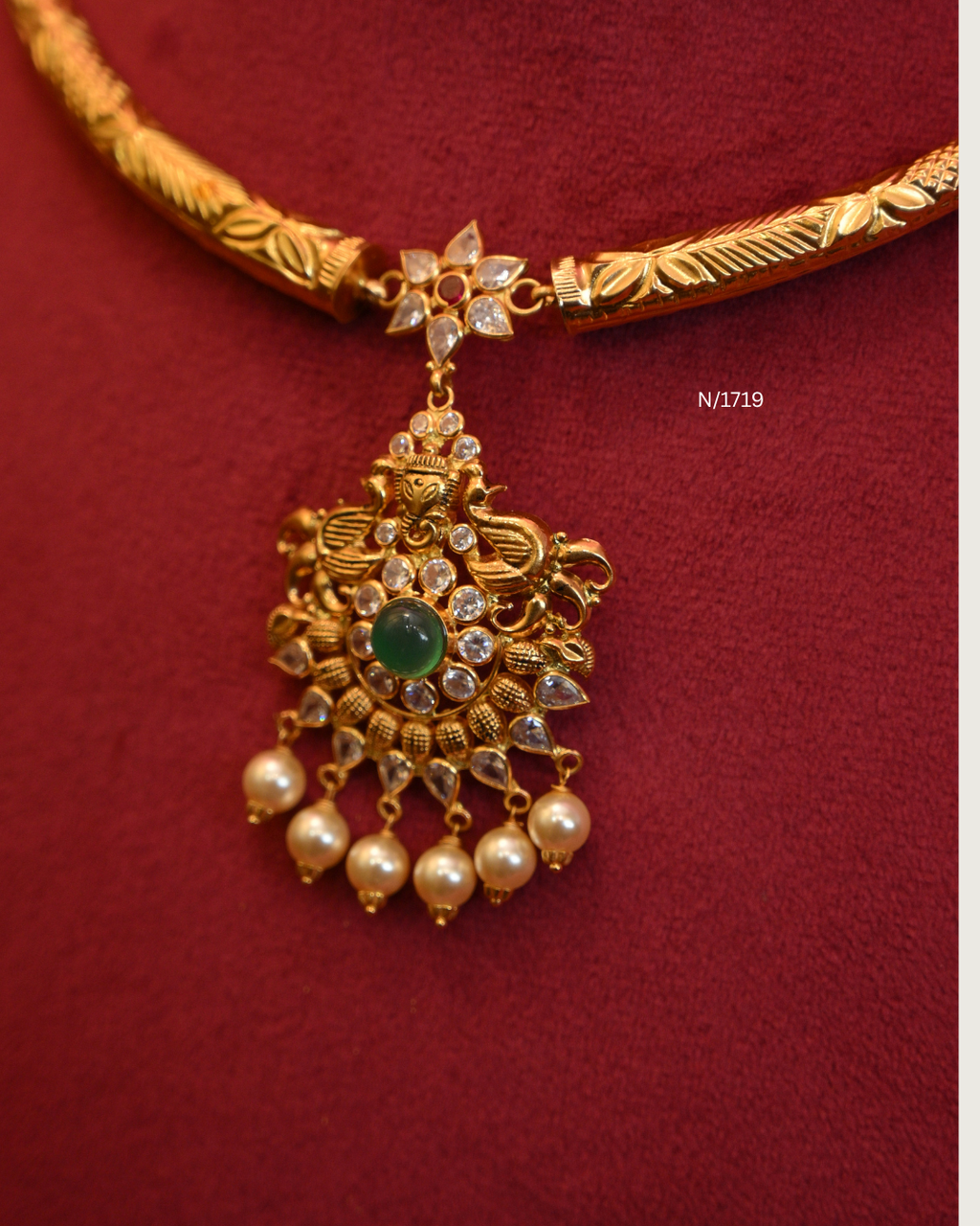 Goddess Lakshmi & Peacock Nakshi Pendant Tubular Hasli Necklace with Emerald Cabochon, CZ & Pearl Drops | SKU: N/1719