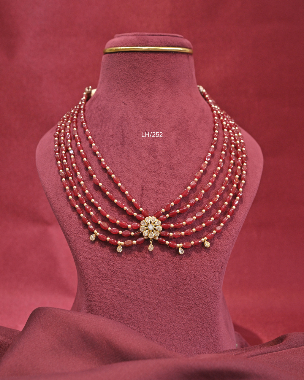Floral CZ Motif Five-Strand Ruby Oval Bead Layered Haram | SKU: LH/252