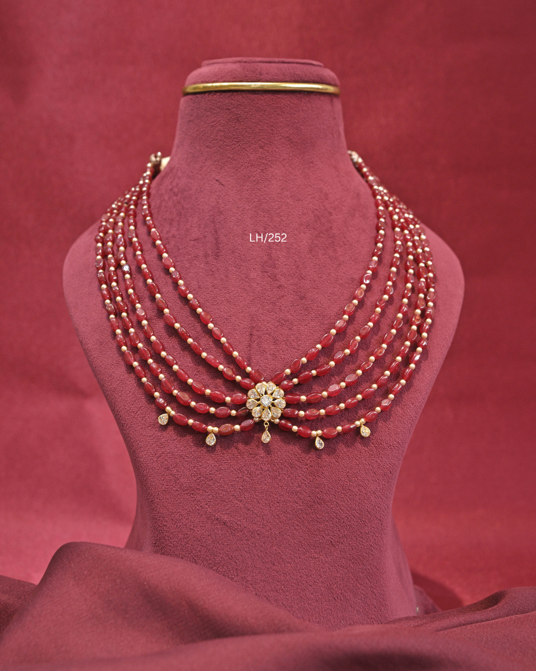 Floral CZ Motif Five-Strand Ruby Oval Bead Layered Haram | SKU: LH/252