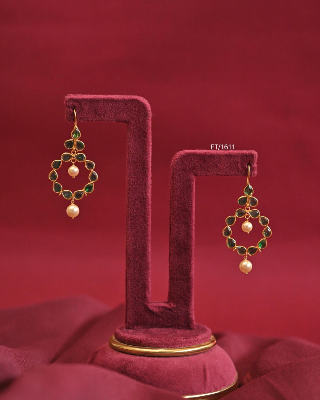 Circular Emerald Bezel Frame Drop Earrings with Cultured Pearls |SKU: ET/1611