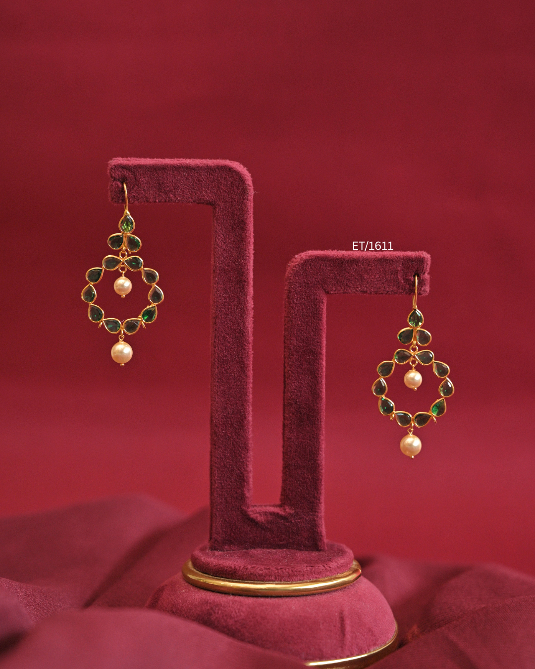 Circular Emerald Bezel Frame Drop Earrings with Cultured Pearls |SKU: ET/1611
