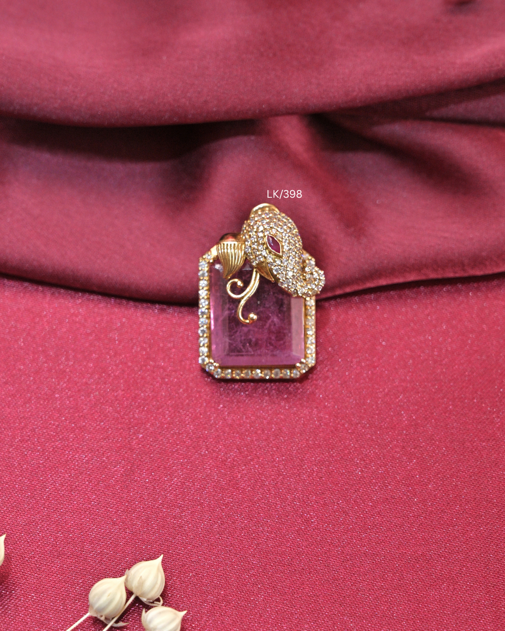 Rectangular Cambodia Ruby Tablet & CZ Lord Ganesha Overlay Pendant |SKU: LK/398