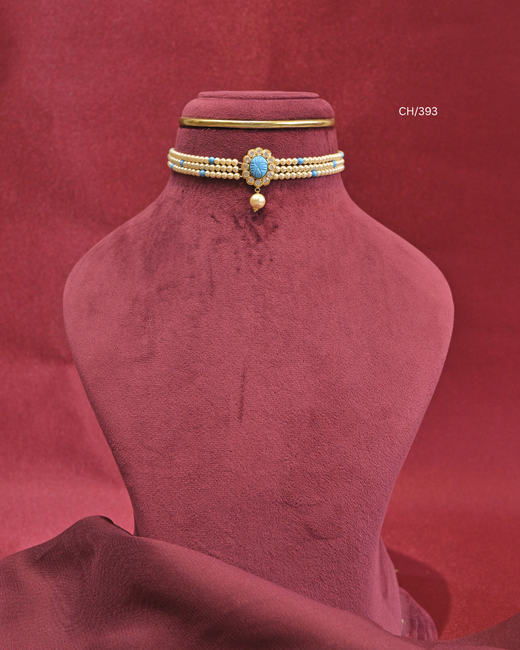 Carved Turquoise Floral Medallion & Pearl Multi-Strand Choker |  SKU: CH/393