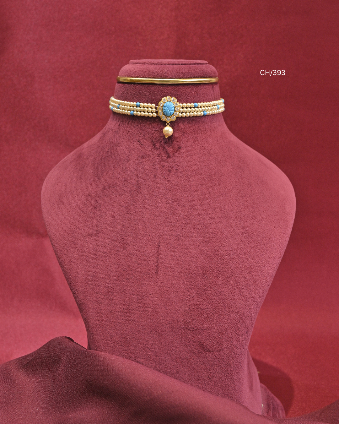 Carved Turquoise Floral Medallion & Pearl Multi-Strand Choker |  SKU: CH/393