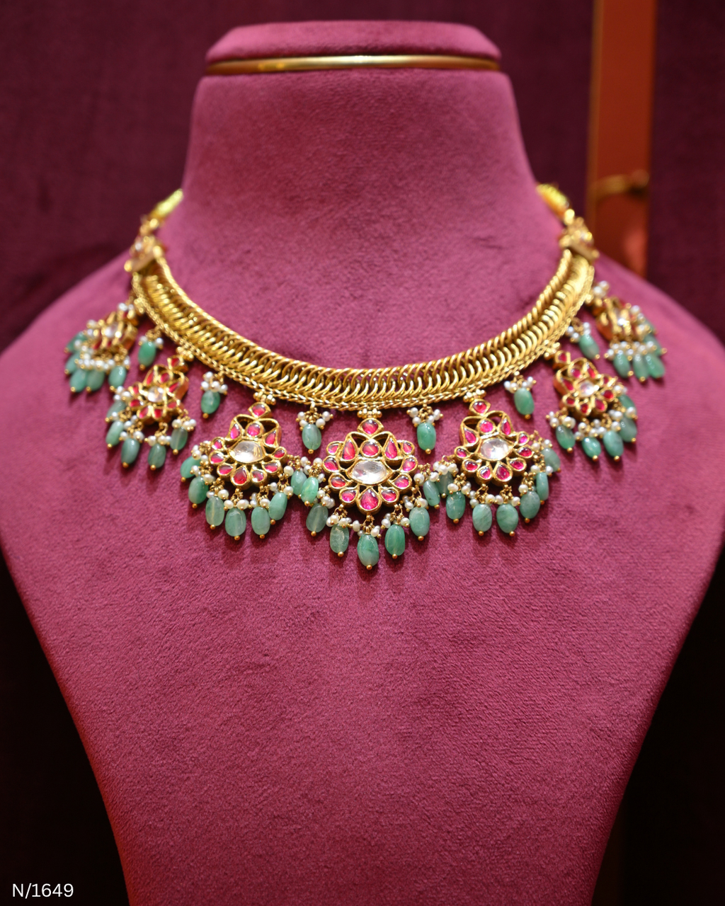 Jadau Polki, Ruby & Mint-Green Bead Dangle Necklace | SKU: N/1649