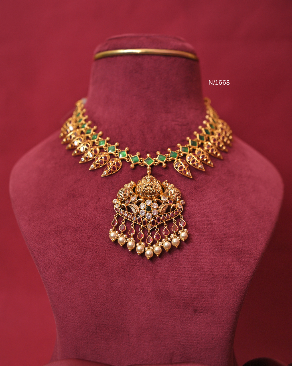 Goddess Lakshmi Nakshi Temple Pendant Necklace with Emerald Links & Ruby Mango Fringe |SKU: N/1668