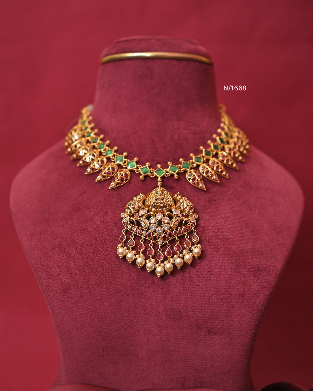 Goddess Lakshmi Nakshi Temple Pendant Necklace with Emerald Links & Ruby Mango Fringe |SKU: N/1668