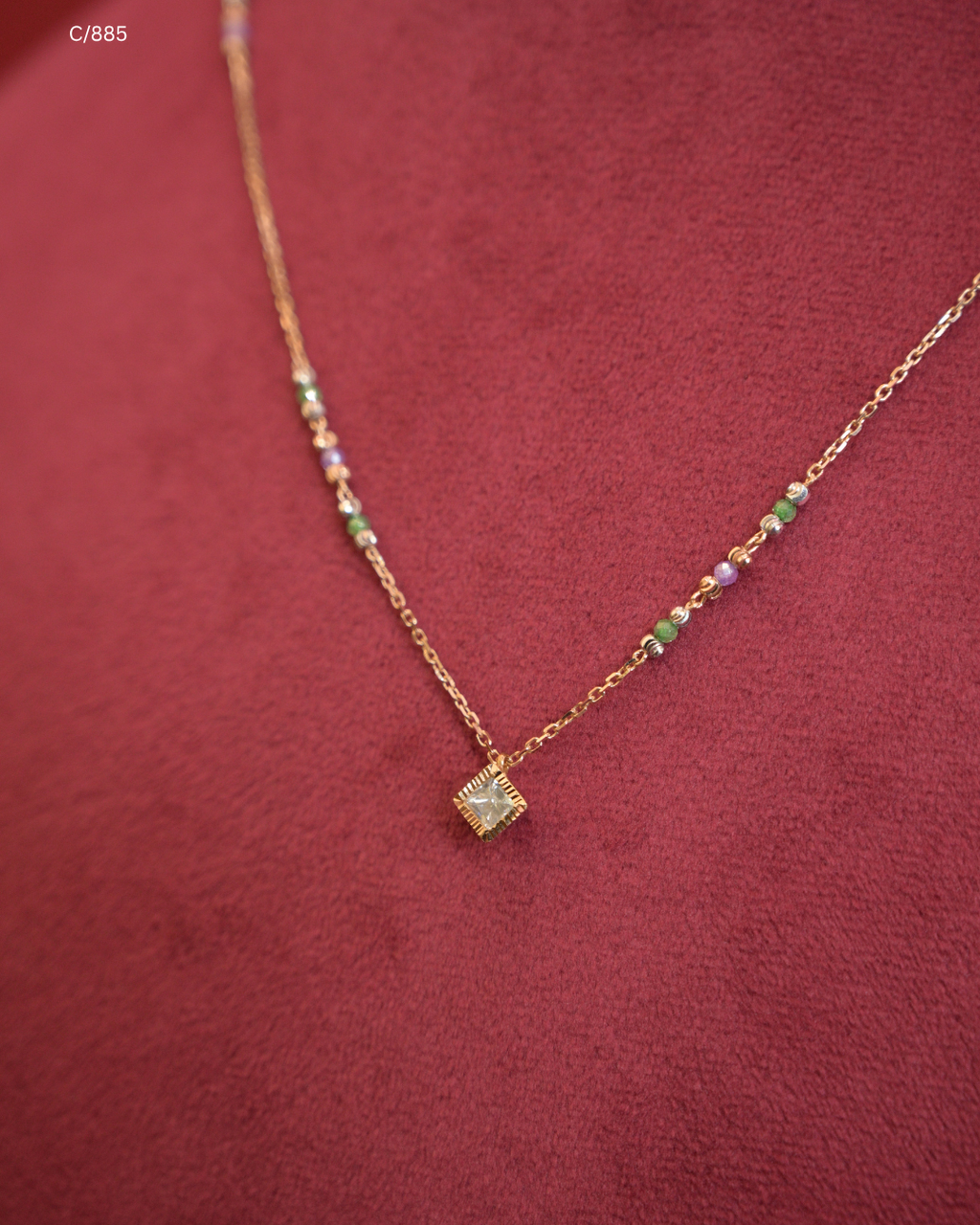 Multi-Color Beaded Station Necklace with Cushion Pave CZ Halo Pendant | SKU: C/885