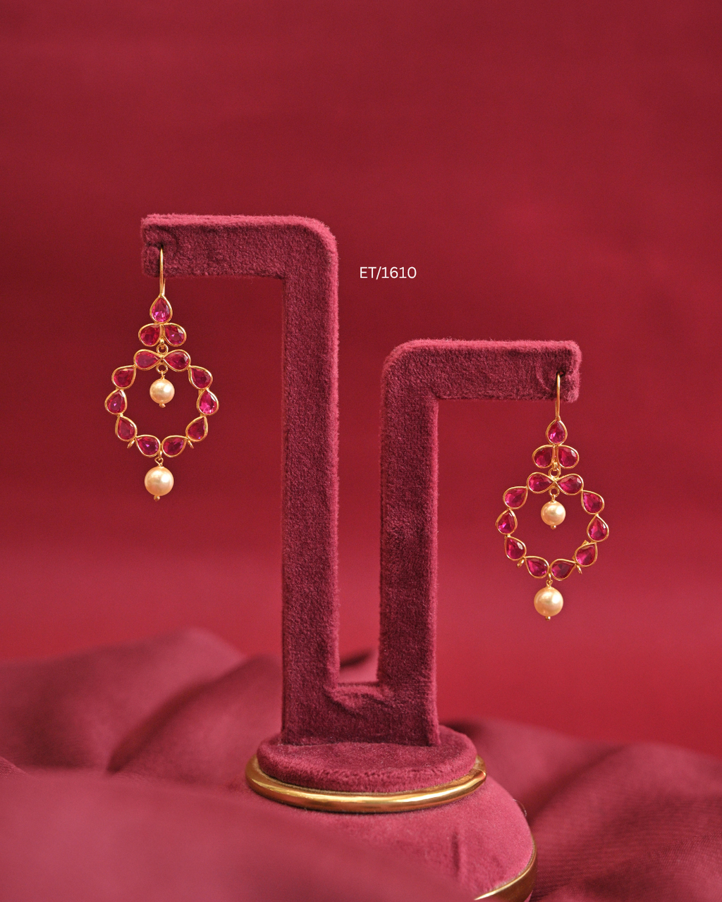 Circular Ruby Bezel Frame Drop Earrings with Cultured Pearls |SKU: ET/1610
