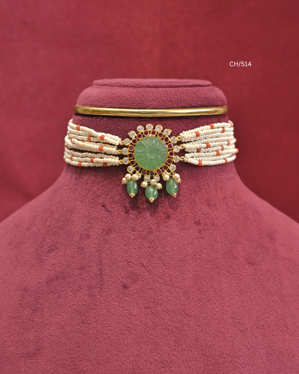 Carved Emerald Sunburst Medallion & Pearl Choker | SKU: CH/514
