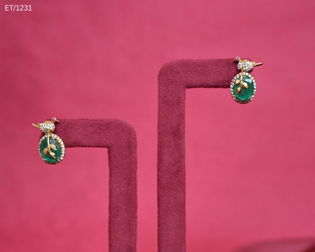 Polki Emerald Green & Bird Motif Stud Earrings | SKU: ET/1231