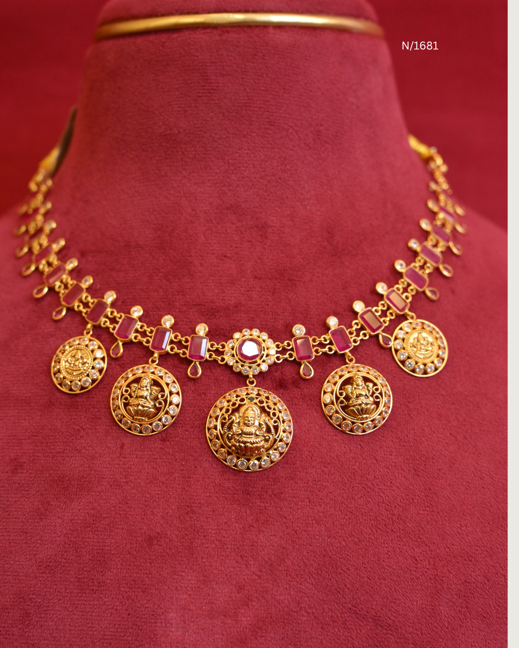 Goddess Lakshmi Circular Medallion Kasu Mala Necklace with Rectangular Rubies & CZ Polki Halos | SKU: N/1681