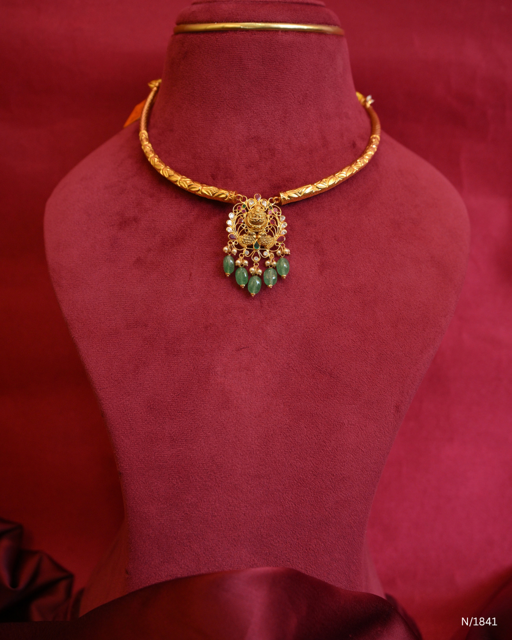 Temple Motif Openwork Pendant Kanti with Green Emerald Bead Drops | SKU: N/1841