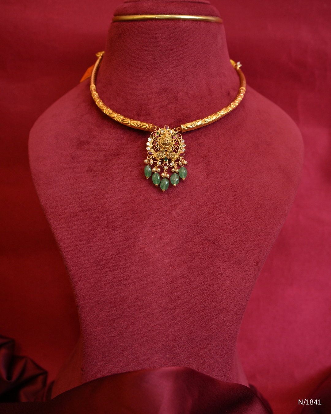 Temple Motif Openwork Pendant Kanti with Green Emerald Bead Drops | SKU: N/1841