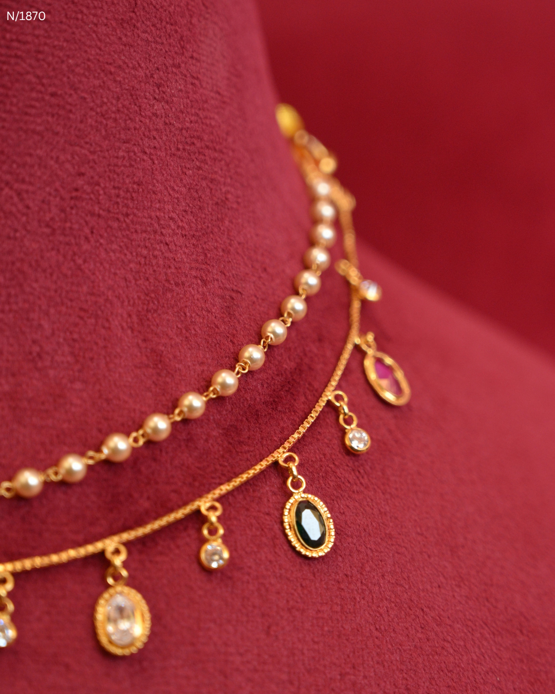 Double-Strand Pearl & Gemstone Drop Dangle Choker Necklace | SKU: N/1870