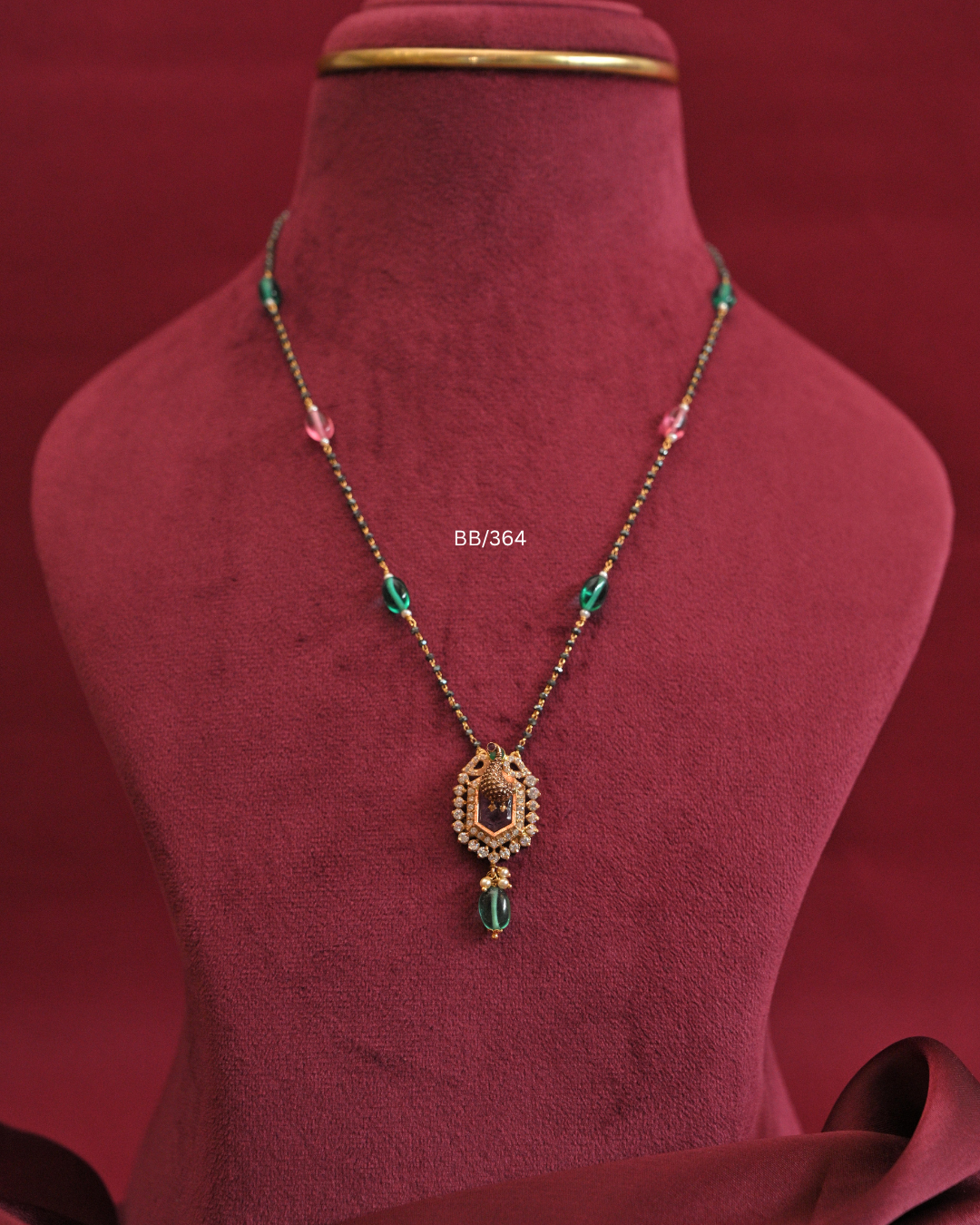 CZ Peacock & Carved Gemstone Pendant Mangalsutra with Emerald & Pink Station Beads |SKU: BB/364