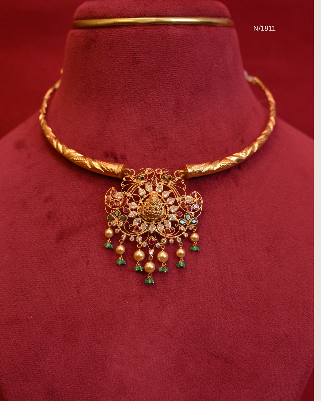 Goddess Lakshmi & Twin Peacock Nakshi Pendant Tubular Hasli Necklace with Rubies, Emeralds, CZ & Pearl Drops | SKU: N/1811