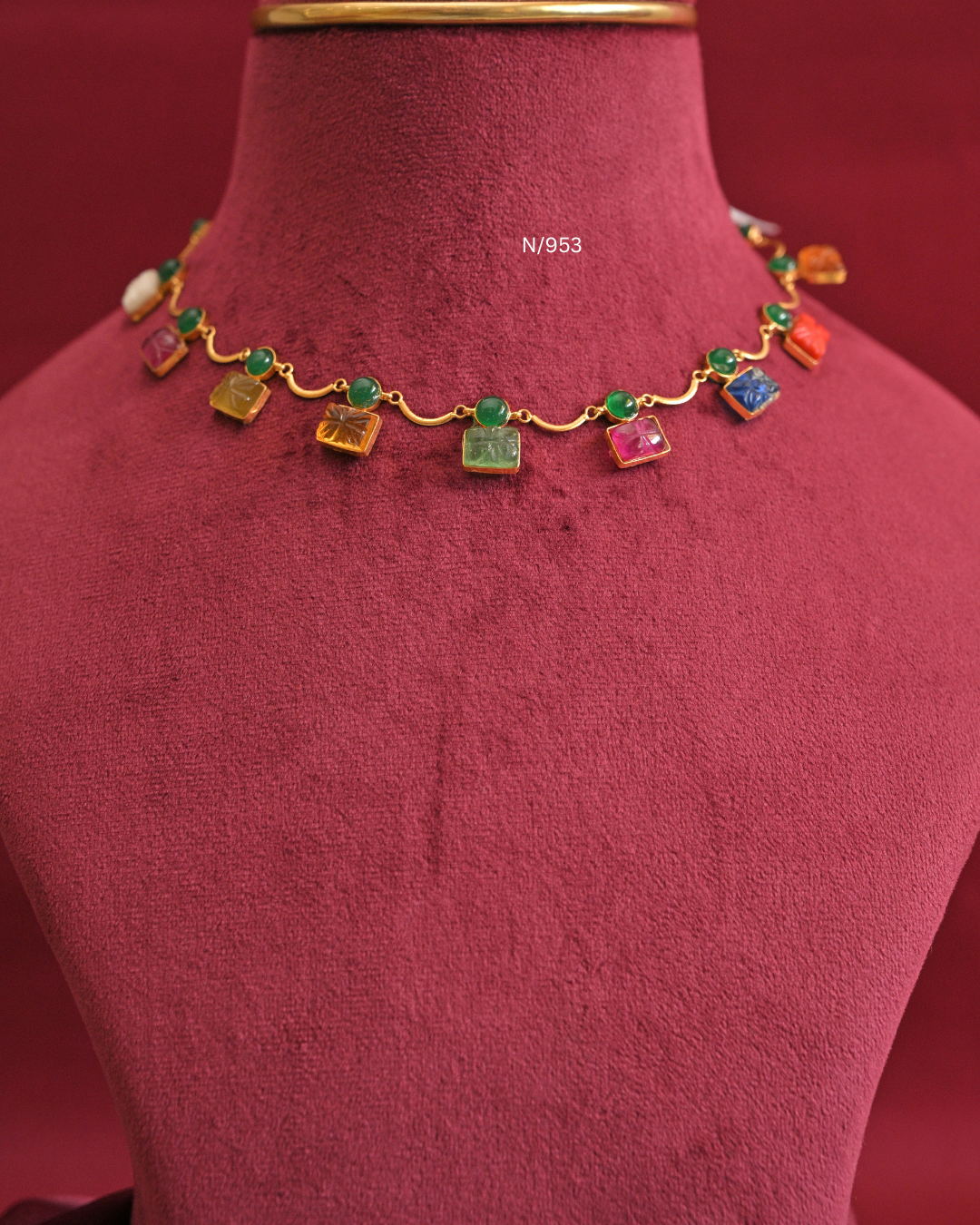 Carved Square Navratna Gemstone Drop Necklace | SKU: N/953