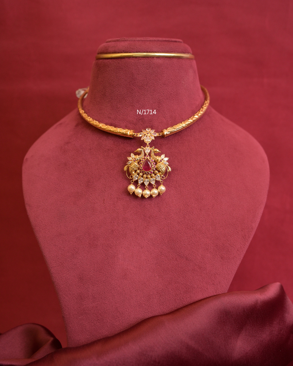 Twin Peacock Nakshi Pendant Tubular Hasli with Teardrop Ruby & Pearl Drops |SKU: N/1714