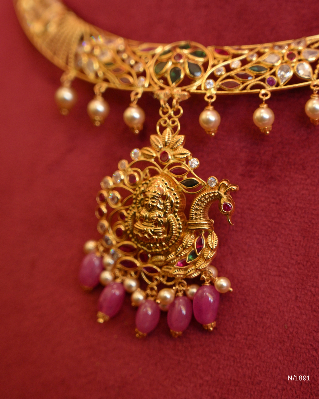 Goddess Lakshmi & Peacock Openwork Temple Choker Necklace with Pink Bead Drops | SKU: N/1891