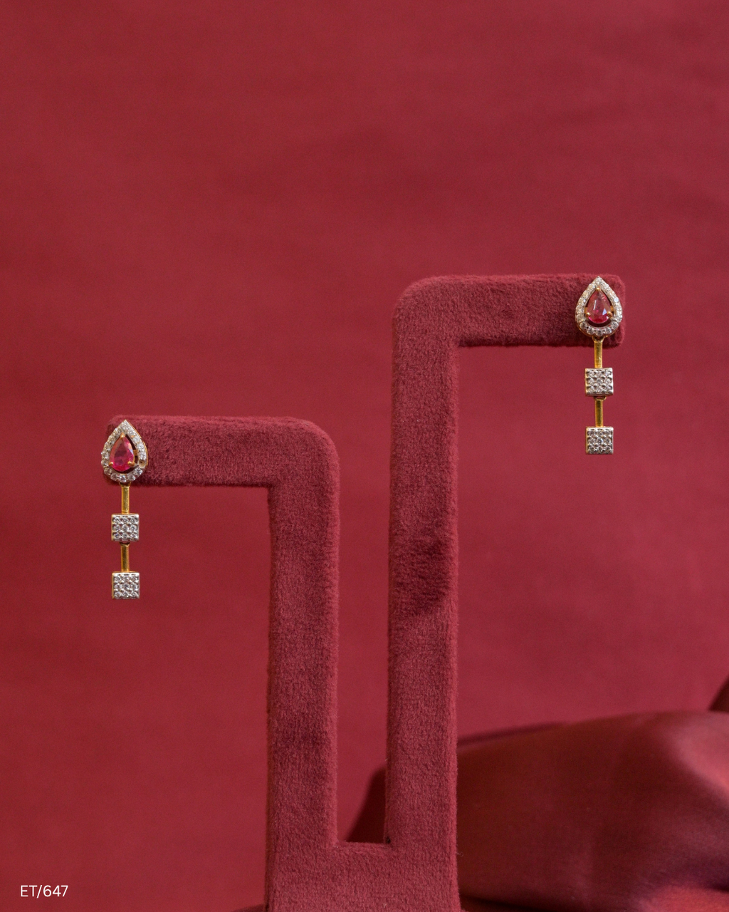 Teardrop Ruby & CZ Pave-Set Linear Dangle Earrings | SKU: ET/647
