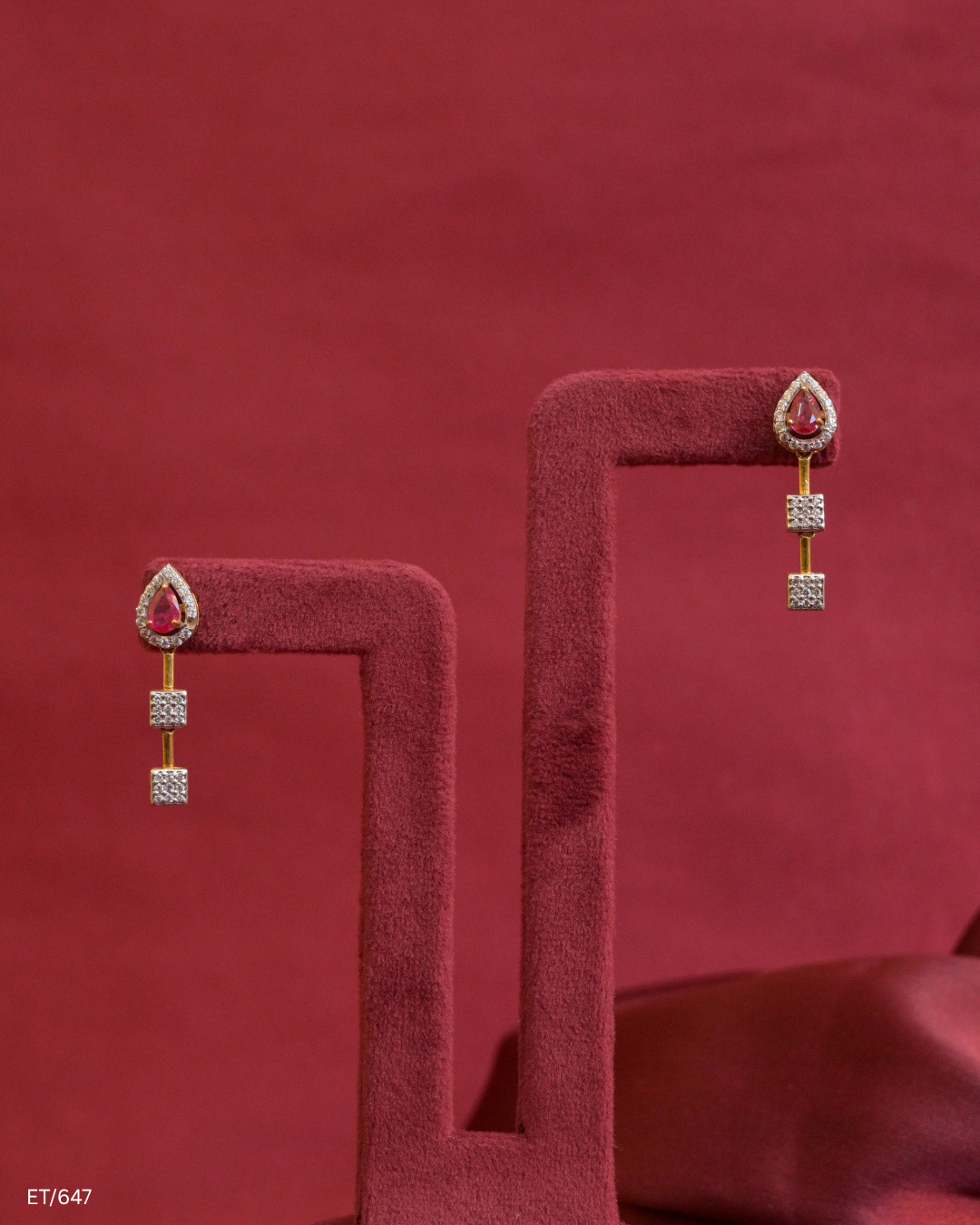 Teardrop Ruby & CZ Pave-Set Linear Dangle Earrings | SKU: ET/647
