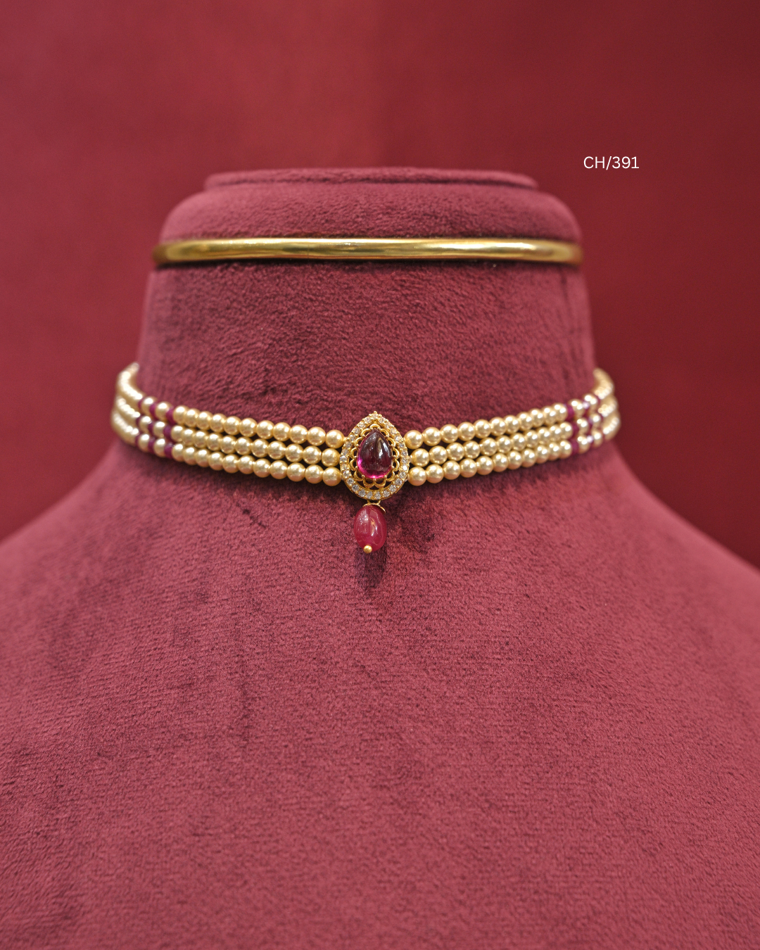 Teardrop Ruby & Pearl Multi-Strand Choker | SKU: CH/391