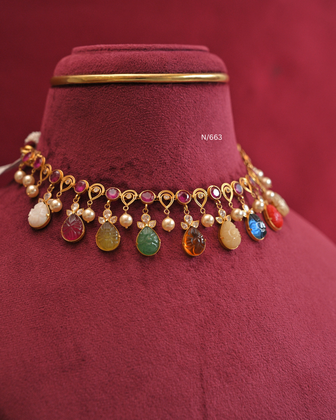 Ruby Line Necklace with Carved Teardrop Navratna Drops & Pearls |SKU: N/663