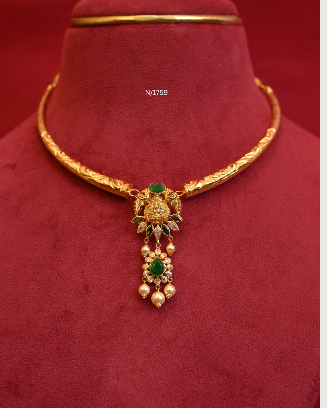 Goddess Lakshmi & Twin Elephant Nakshi Tiered Pendant Tubular Hasli Necklace with Emeralds, CZ & Pearl Drops | SKU: N/1759