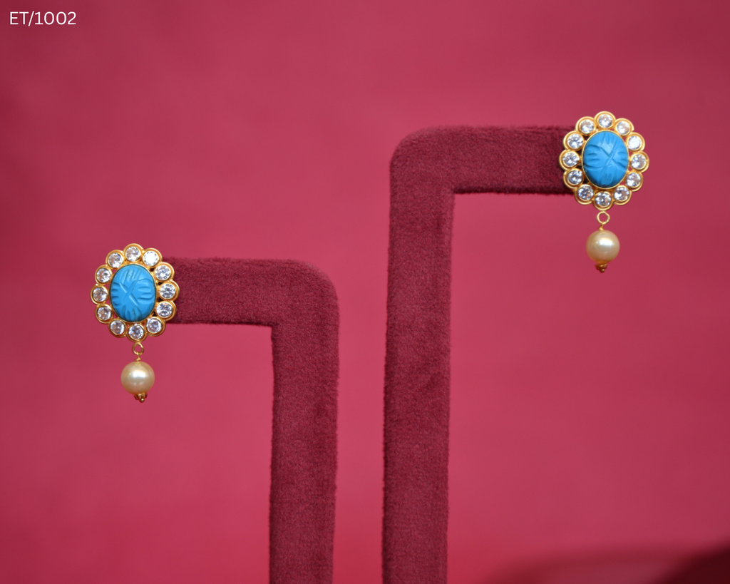 Polki Turquoise Blue & Pearl Stud Earrings | SKU: ET/1002