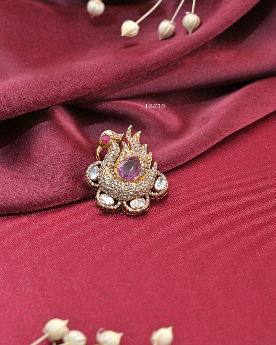 Antique Sculpted Peacock & Cambodia Ruby CZ Pendant | SKU: LK/410