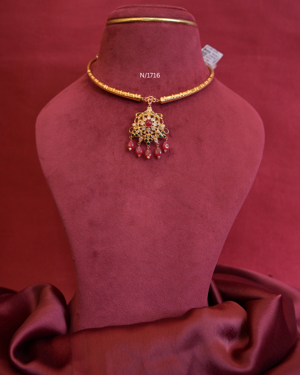 Floral Openwork Pendant Tubular Hasli with Ruby, Emerald & Ruby Bead Drops | SKU: N/1716