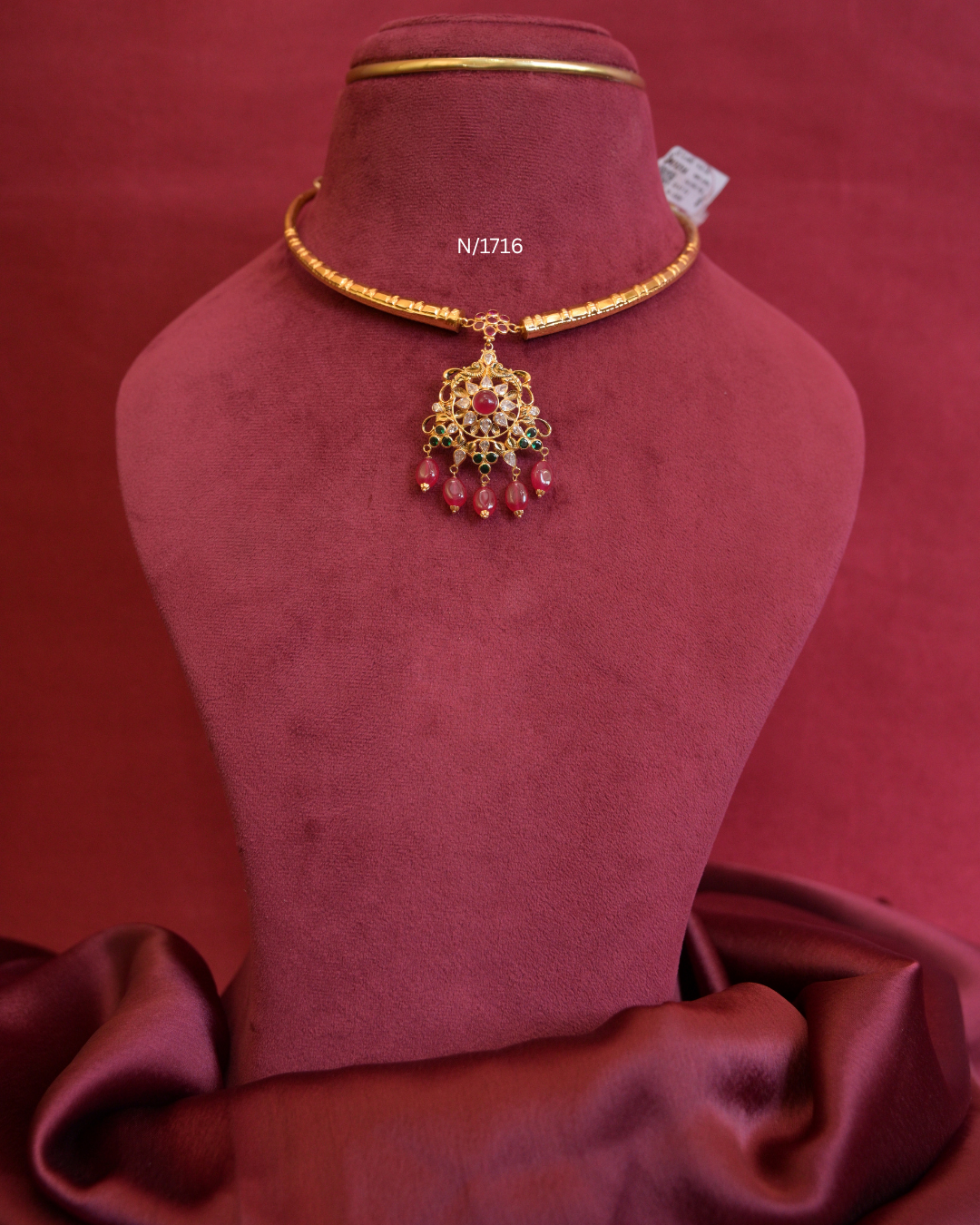 Floral Openwork Pendant Tubular Hasli with Ruby, Emerald & Ruby Bead Drops | SKU: N/1716