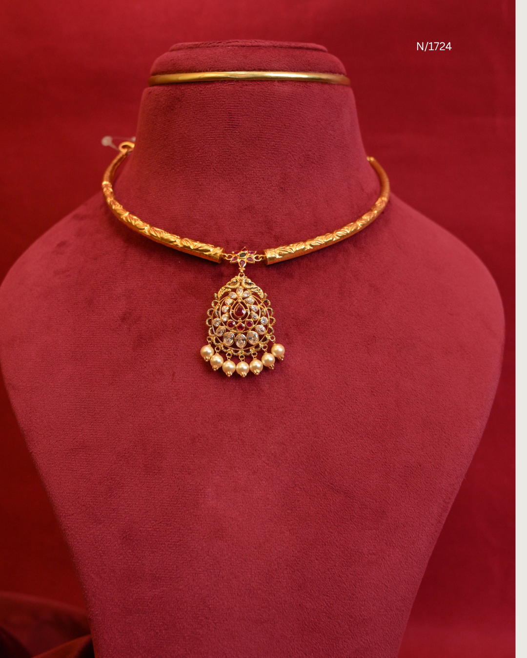 Floral Filigree Teardrop Pendant Tubular Hasli Necklace with Rubies, CZ Polki & Pearl Drops | SKU: N/1724